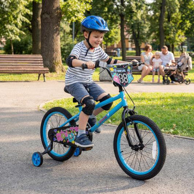 18 Inch Kids Bike with Training Wheels for Ages 4-8 Years Old Blue- Street Art Time