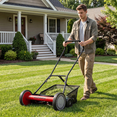 18 Inch Push Reel Lawn Mower 4-Position Adjustable with Removable Grass Catcher-Red