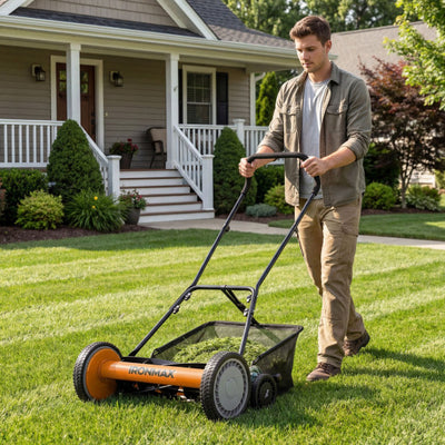 18 Inch Push Reel Lawn Mower 4-Position Adjustable with Removable Grass Catcher-Orange