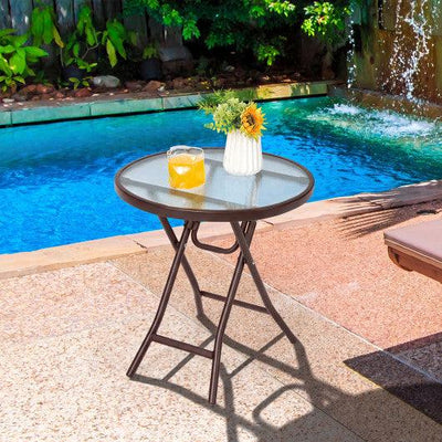 18 Inch Round Patio Side Table with Tempered Glass Top-Brown