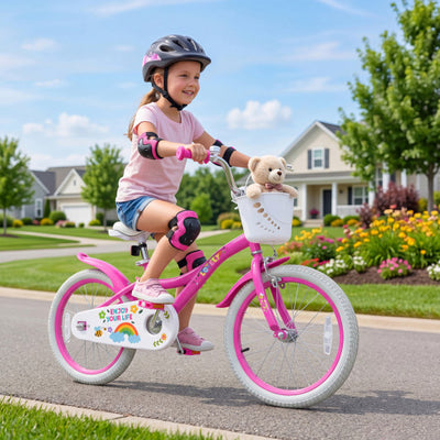 18 Inches Girls Bike for 4-8 Years Old with Basket - Spring Party Pink