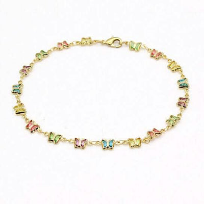 18k Gold Filled High Polish Finish Multi Color Crystal Butterfly Ankle Bracelet