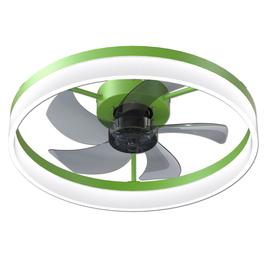 Circular ceiling fan with green rim and white blades on a white background