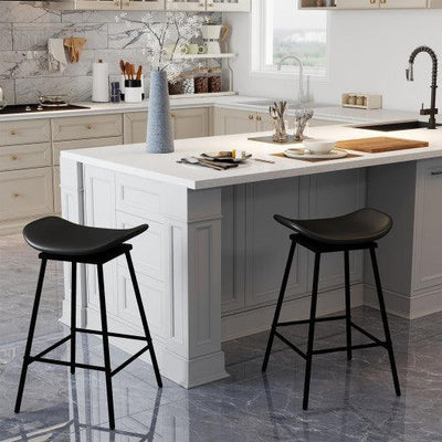 Set of 2 Swivel Barstools Faux Leather Upholstered Backless with Footrest-Black