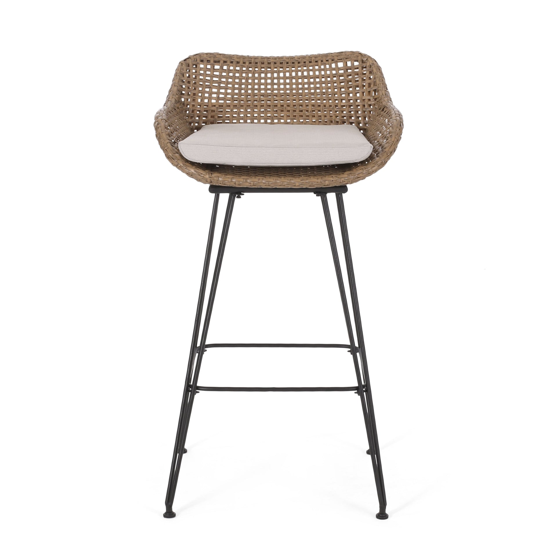 29.25' Outdoor Wicker and Iron Low Back Barstools, Light Brown, with Beige Cushion (Set of 2)