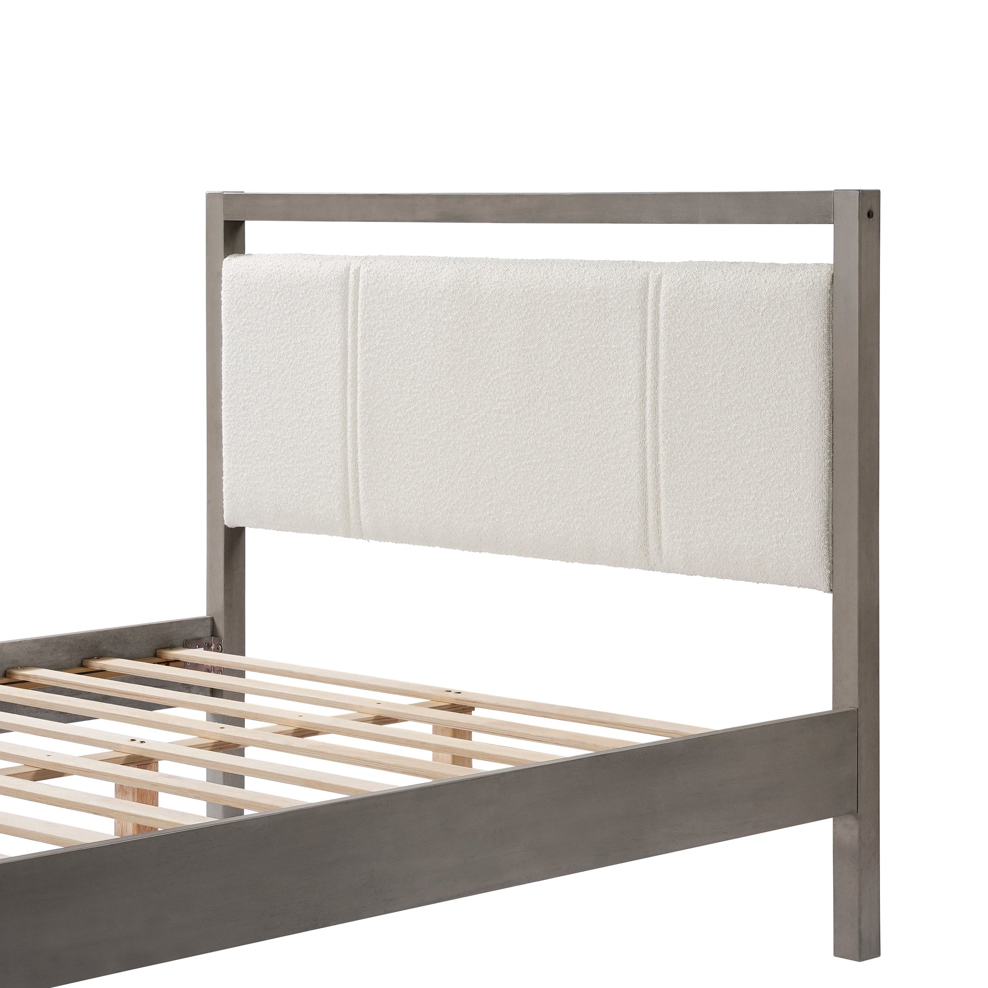 Queen Bed with Ivory Boucle Fabric Headboard, Wood Frame