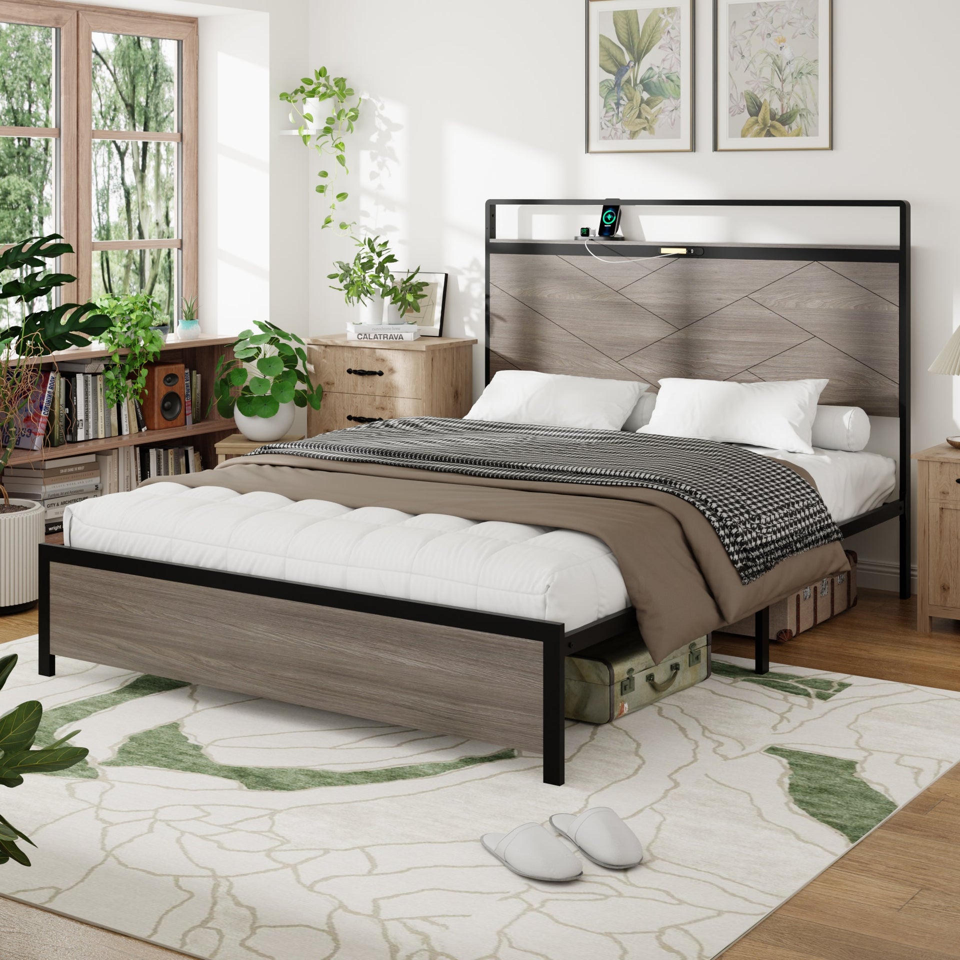 Bed frame full size, wooden platform bed frame with storage LED light headboard and 2 USB, no noise, no spring mattress required and simple assembly tools, large underbed storage, brown
