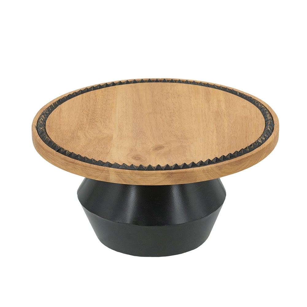 12x12x6' Round Wooden Pedestal Tray with Black Detailing and Sculptural Stand