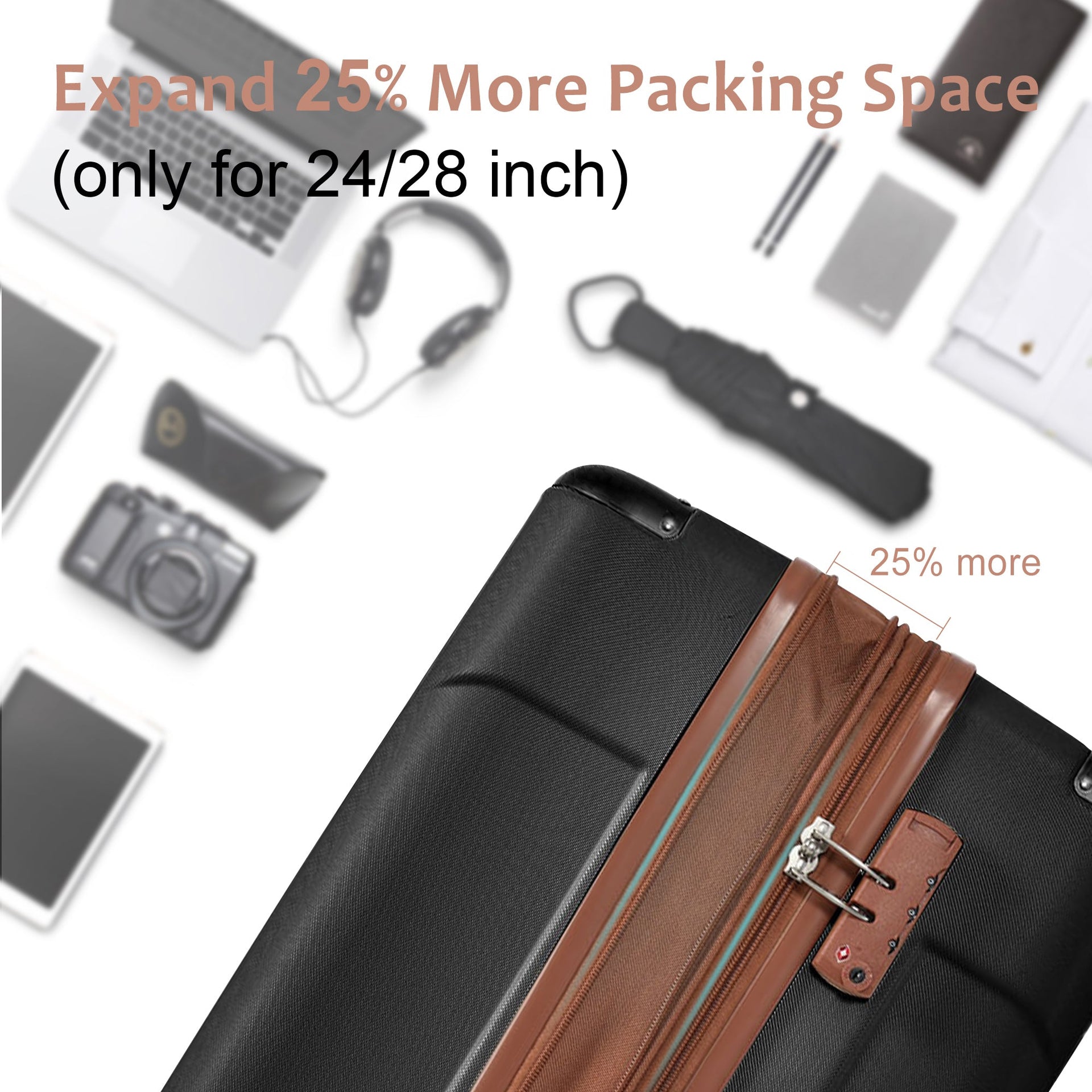 Luggage Sets 2 Piece, Hardshell ABS Lightweight and Expandable(only 28') Suitcases with Double Wheels, Carry-on Luggage, 2-Piece Set (20/28), Black Brown