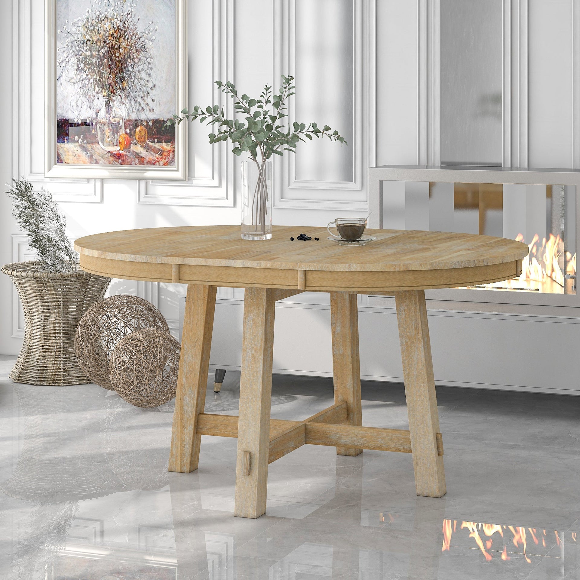 TREXM Farmhouse Round Extendable Dining Table with 16