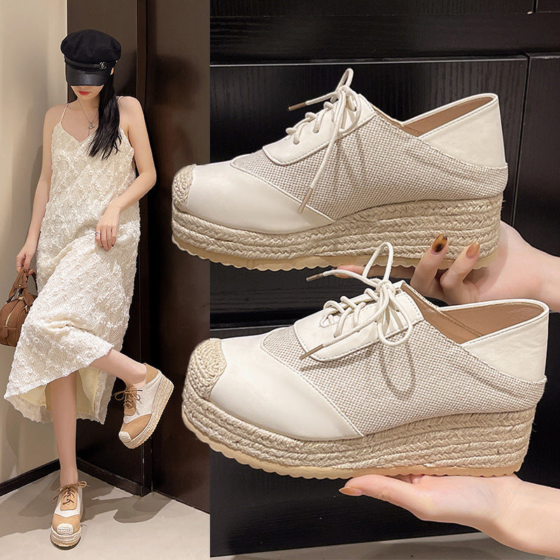 Fisherman's shoes woven grass slope heel women's shoes waterproof front strap high-heeled slope heel fisherman's casual shoes 