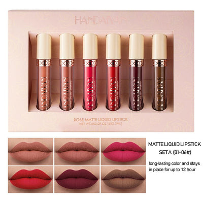 HANDAIYAN 6 Matte Rose Lip Gloss Liquid Lipstick Not Easy to Dip Cup Matte Lip Gloss Set Gift Box