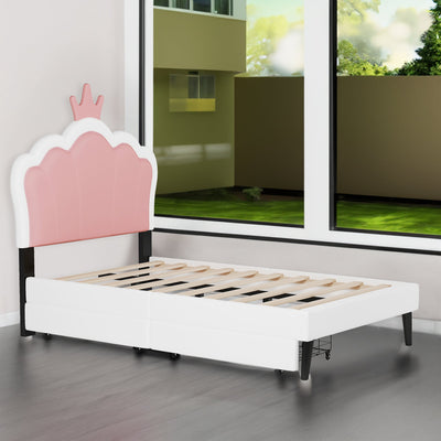 Twin cushion princess bed with crown headboard and 2 drawers with headboard and footrest, pink+white