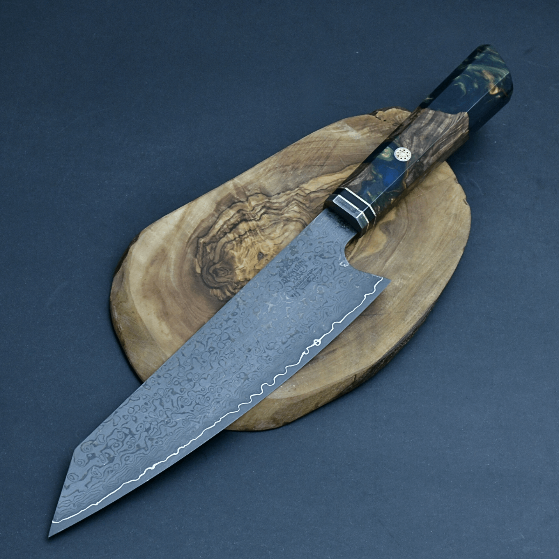 Aurora Japanese VG10 Damascus Chef Knife with Exotic Olive Burl & Emerald Green Pearl Resin Handle