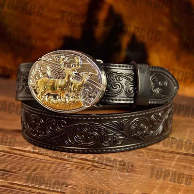 Black Leather Belt with Two-tone Strap Holder Buckle