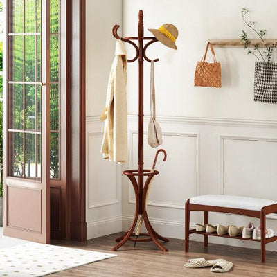 Wood Standing Hat Coat Rack with Umbrella Stand-Brown
