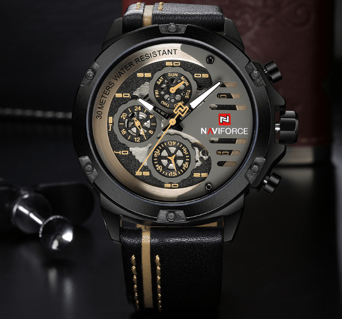 Men's Sports Waterproof Watch With Chronometers And Leather Belt Multifunction Wristwatch Unique Design Perfect Gift