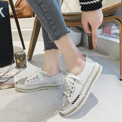 Womens Leopard Sneakers Women Canvas Shoes Leisure Lace-Up Sneakers Rhinestone Shiny Flat Charming Shoes Platform Leisure Low Sneakers