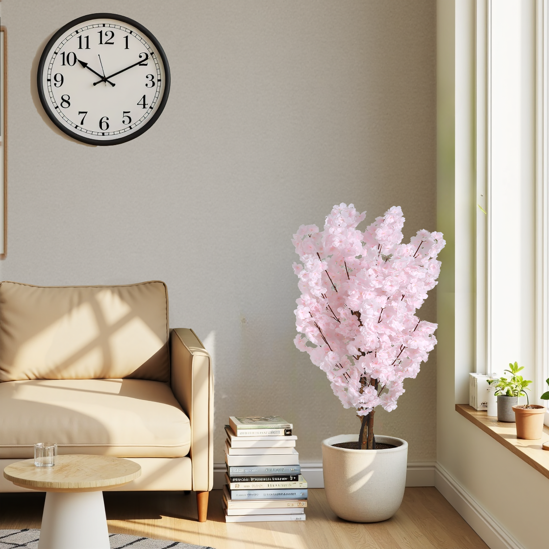 Living room with a clock on the wall, a beige sofa, a small table, and a potted plant with pink flowers.