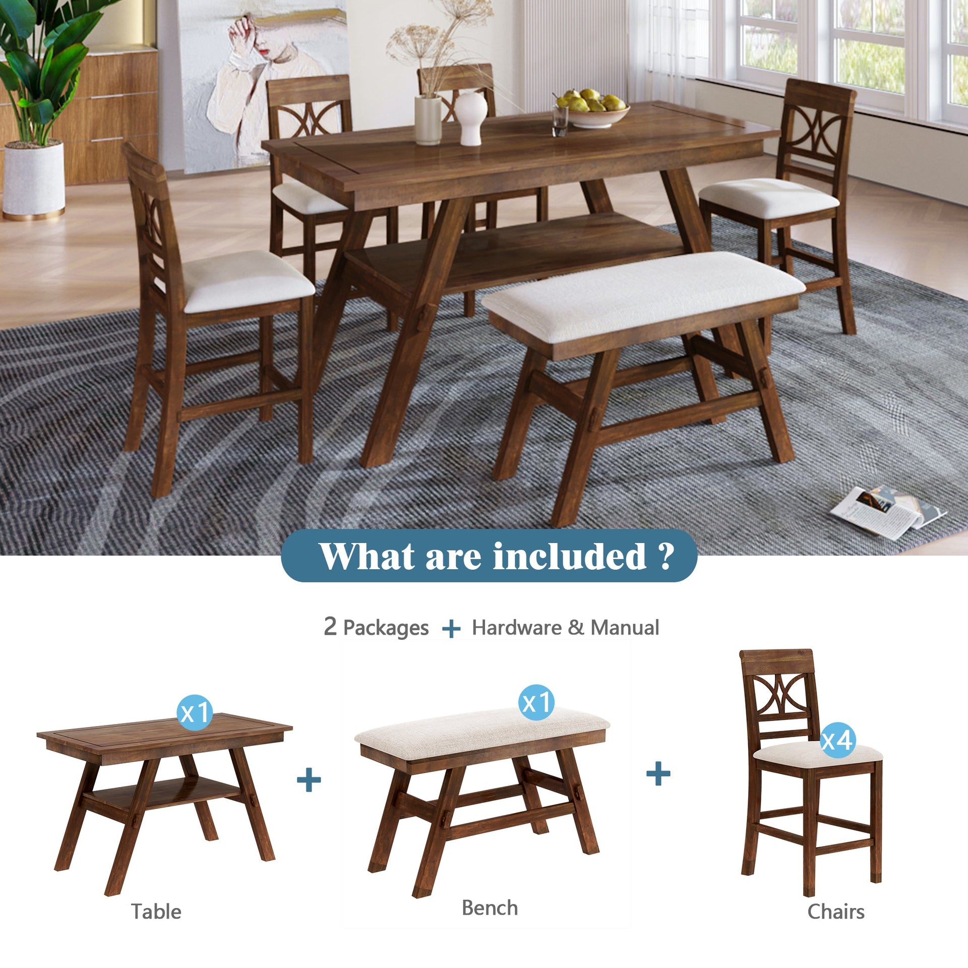 6-Piece Wood Counter Height Dining Table Set with Storage Shelf, Kitchen Table Set with Bench and 4 Chairs,Rustic Style, Walnut+Beige Cushion
