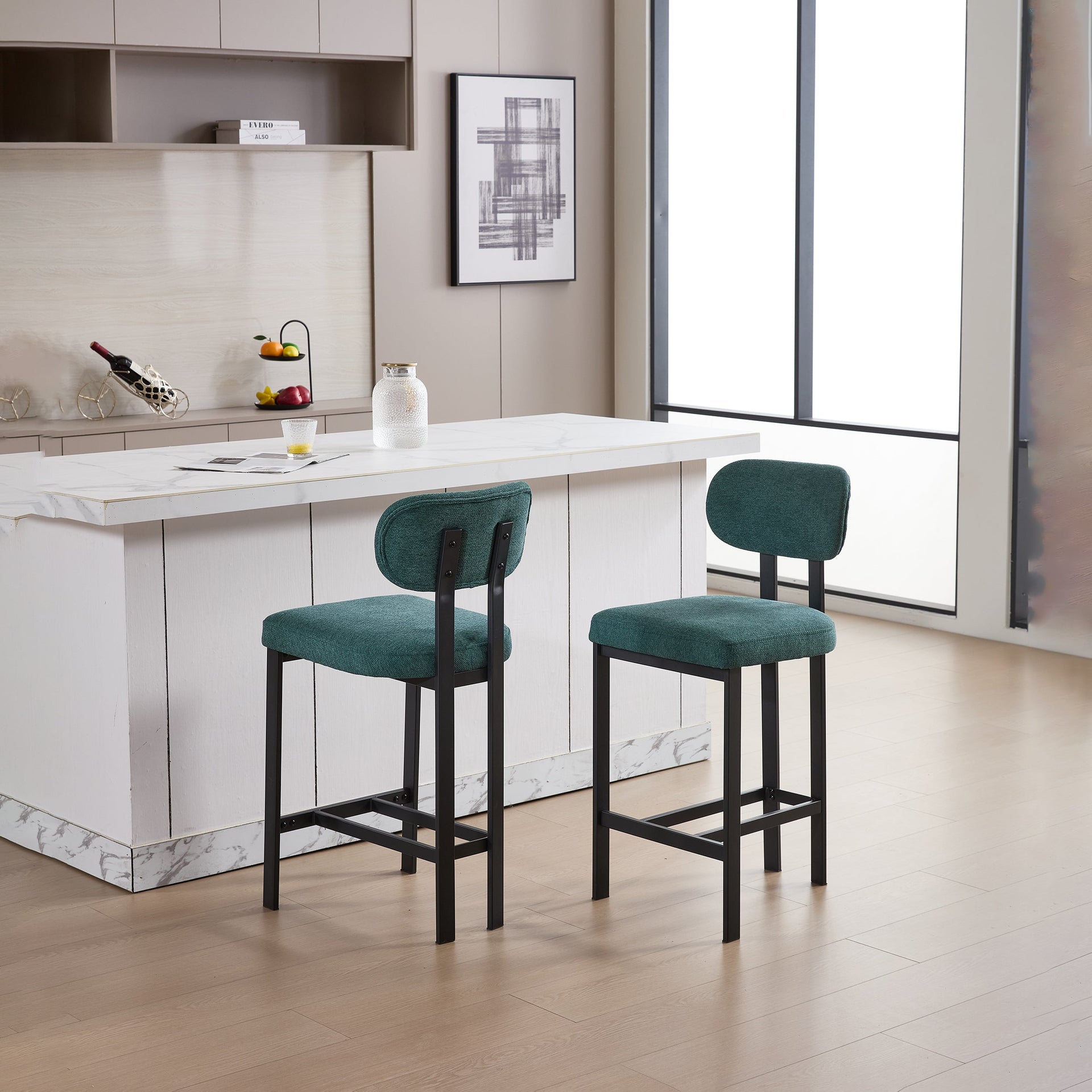 Bar Stools Set of 2, 26 inch Modern Upholstered Fabric Counter Height Barstools, Kitchen Island Chairs with Black Metal Legs for Dining Room/Kitchen Island/Bar