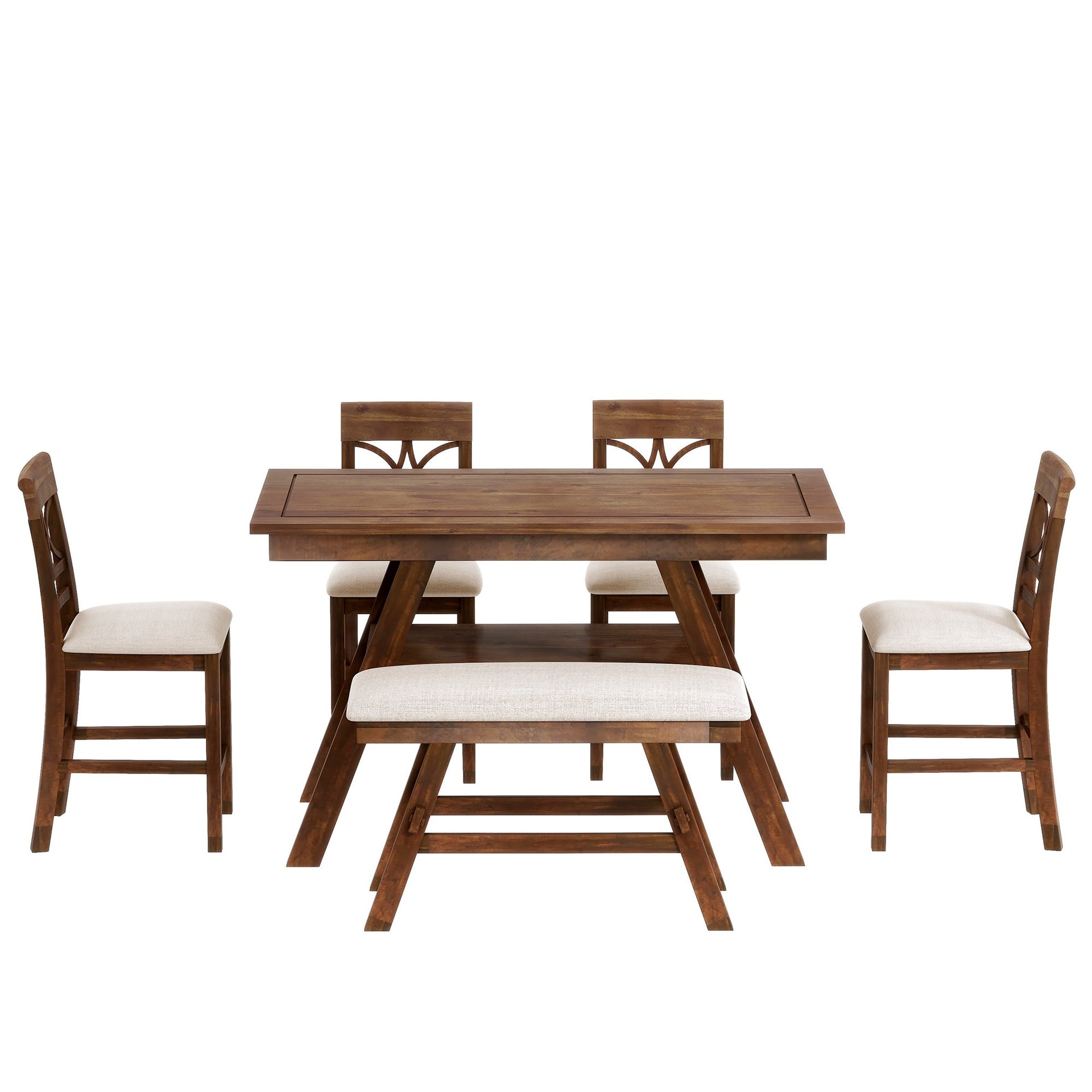6-Piece Wood Counter Height Dining Table Set with Storage Shelf, Kitchen Table Set with Bench and 4 Chairs,Rustic Style, Walnut+Beige Cushion
