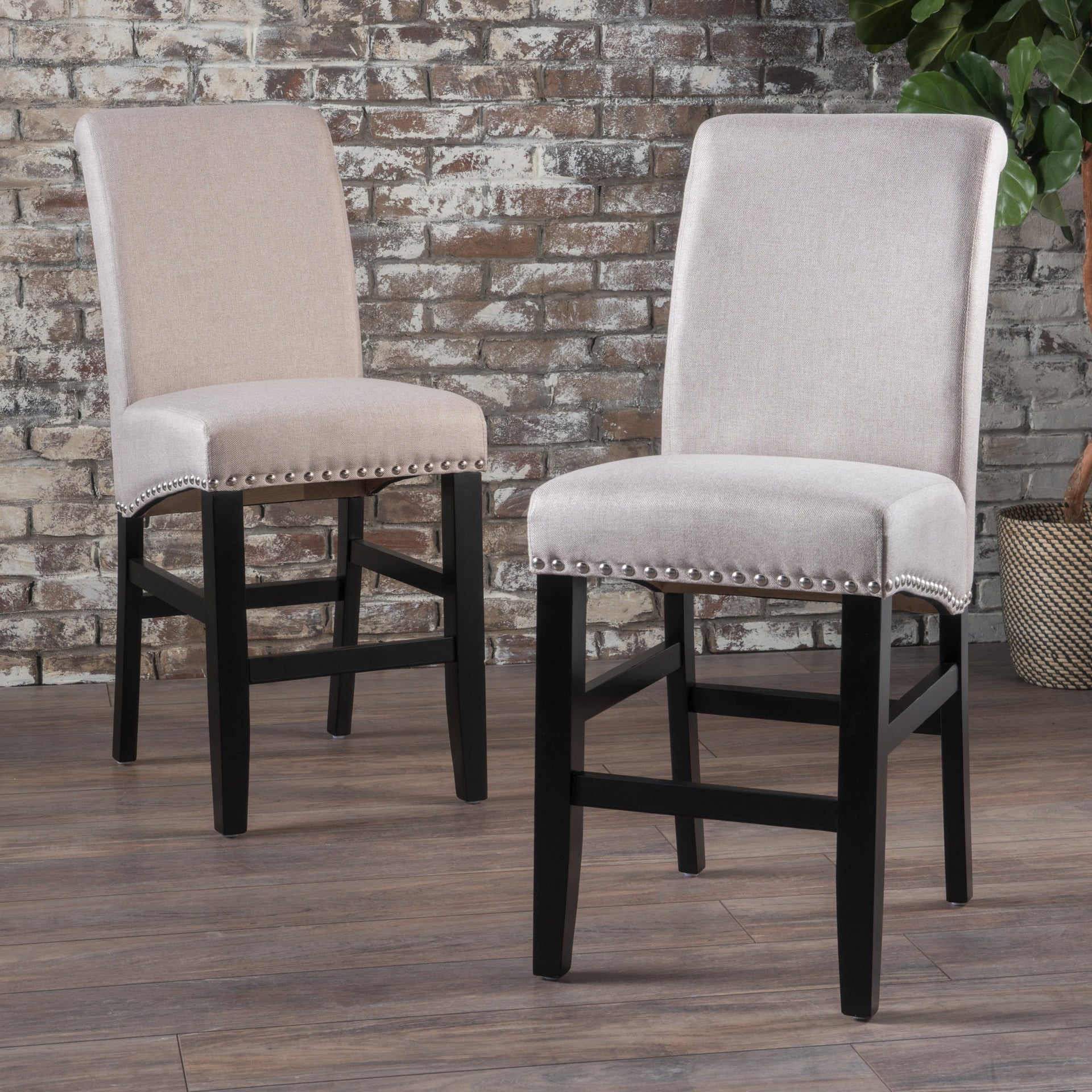 25' Contemporary Upholstered Counter Stools with Nailhead Trim (Set of 2), Wheat/Matte Black, Fabric