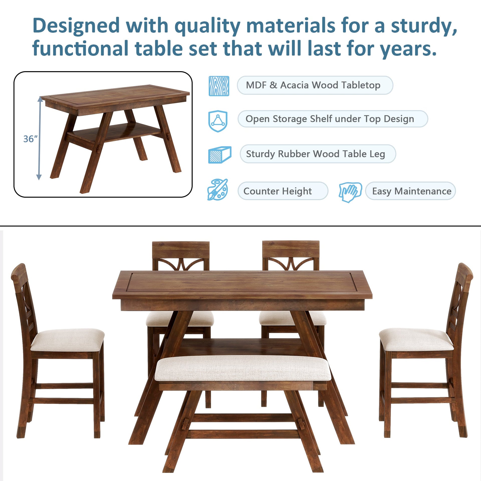 6-Piece Wood Counter Height Dining Table Set with Storage Shelf, Kitchen Table Set with Bench and 4 Chairs,Rustic Style, Walnut+Beige Cushion