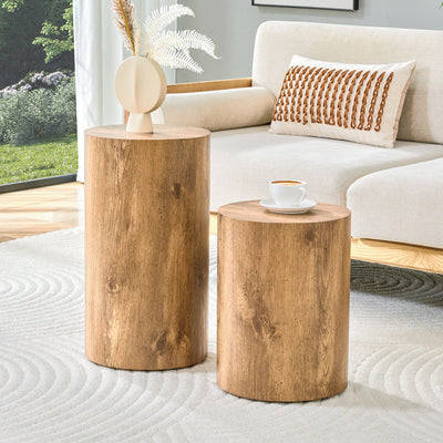 Modern Minimalist Set of Two Wood color Cylinder Marble-Patterned MDF Coffee Tables.The cylindrical table with its patterned design can be easily integrated into a variety of interior styles.