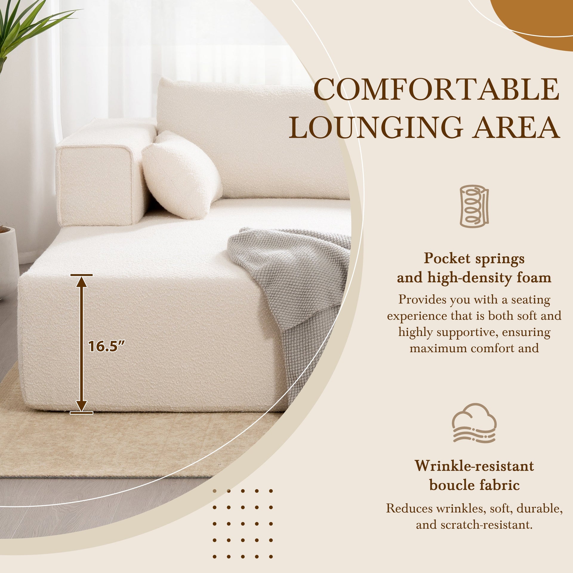 112'Modular Sectional Sofa with Free Side Table,Wide Seat,Fully Compressed,Wrinkle-resistant Boucle Fabric Couch with Chaise,Free Combination,L-Shaped Sofa for Living Room,No Assembly Required,3 Color