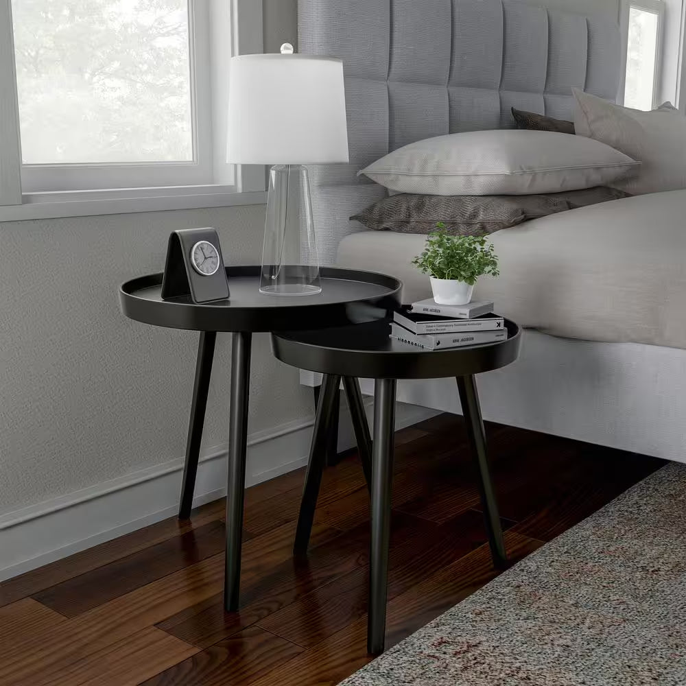 Wooden Nesting round Tray Top Matte Black Side Tables (Set of 2)