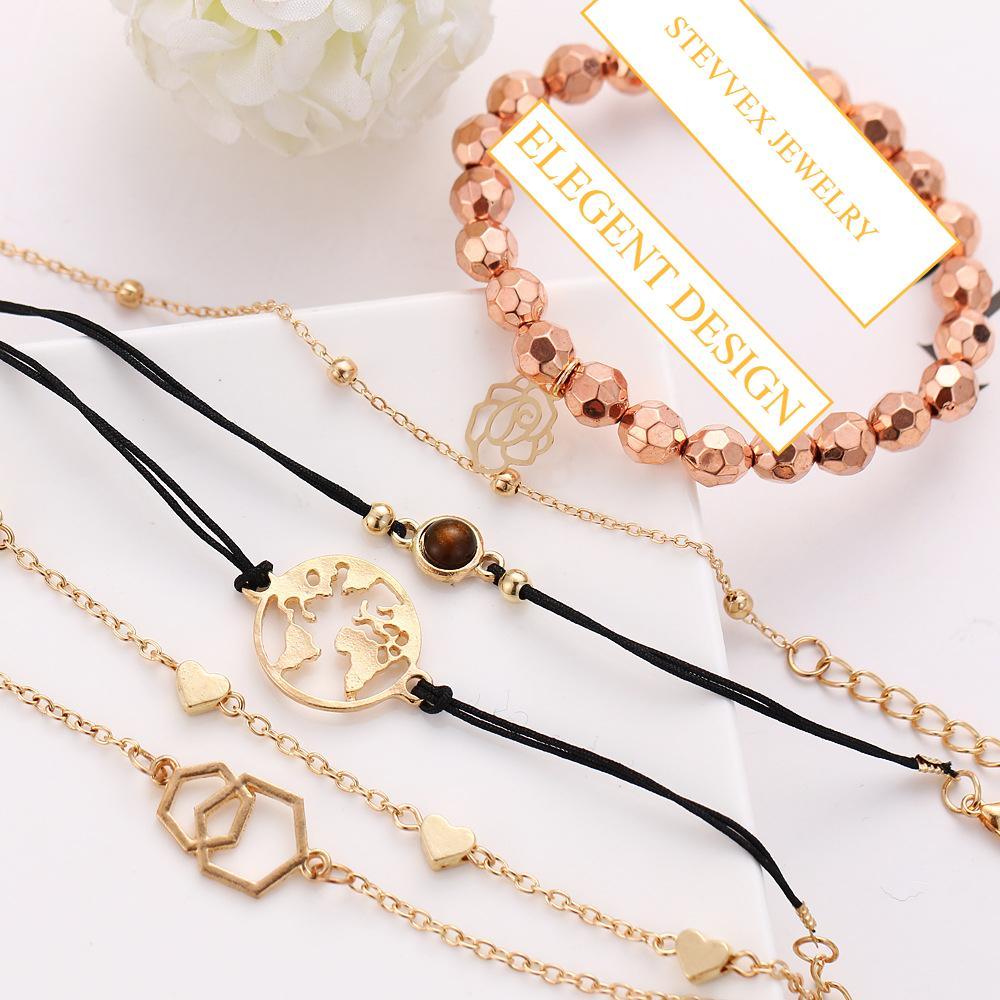 Boho Rose Map Bracelets & Bangles for Women Bohemian Round Charm Bracelet Set Fashion Multilayer Accessories Luxury Jewelry