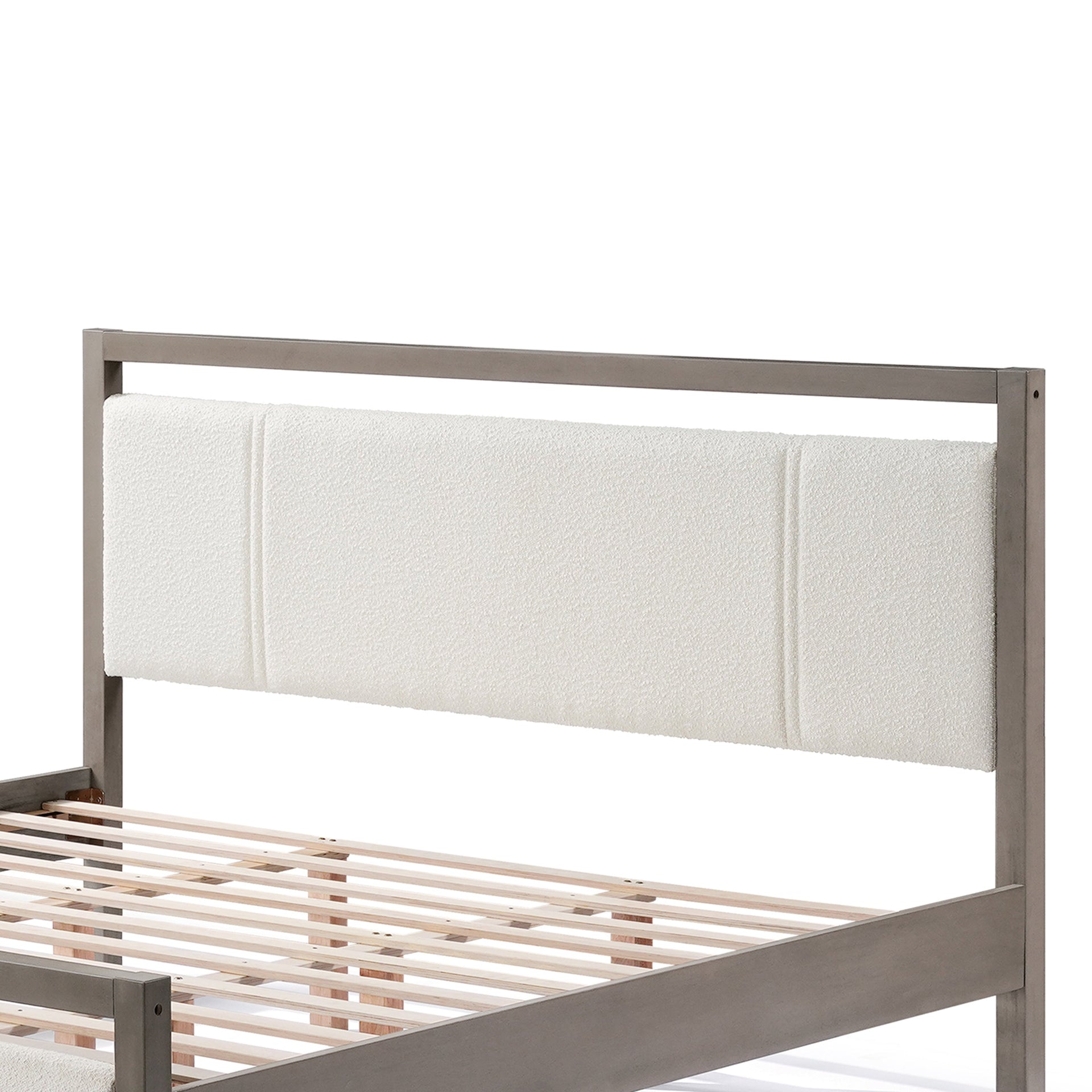 King Bed with Ivory Boucle fabric Headboard, Wood Frame