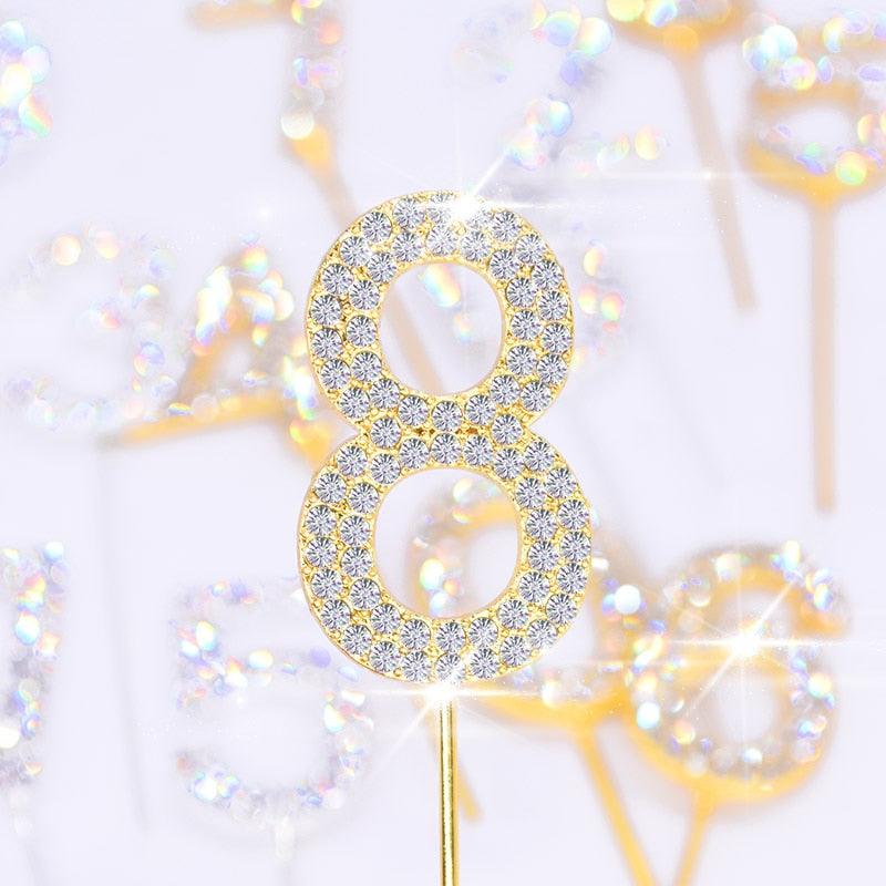 1Pc Glitter Alloy Rhinestone Number Cake Toppers Pieces Silver Glitter Number Cake Toppers Double Sided Twinkle Happy Birthday Cake Topper Cupcake Toppers For Wedding Baby Shower Birthday Decoration Wedding Gold Silver Digital Cakes Dessert Decor