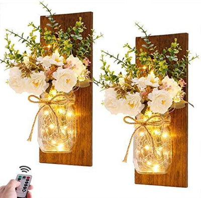 2 Pack Rustic Jar Fairy Strip Lights Wall Decor Hydrangea Sconces Decorative Home Chic Hanging LED FlowersHanging Design with Remote Control LED Fairy Lights and White Peony, Farmhouse Kitchen Decorations Wall Home Decor Living Room Lights Set of Two