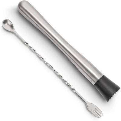 2-Piece Set: Hiware 10 Inch Stainless Steel Cocktail Muddler and Mixing Spoon Home Bar Tool Set