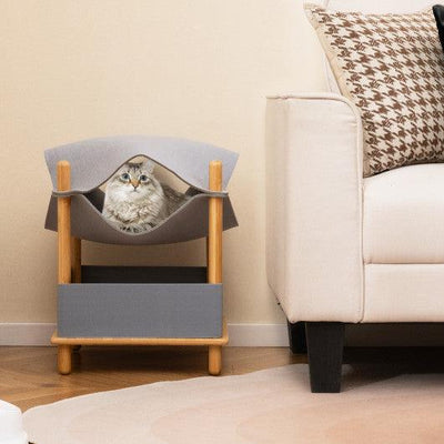 2-Tier Wooden Cat House with Semi-enclosed Condo and Removable Clothes-Gray