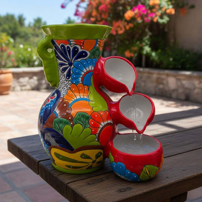 Colorful Green Rim Talavera Fountain | Mexican Ceramic Decor