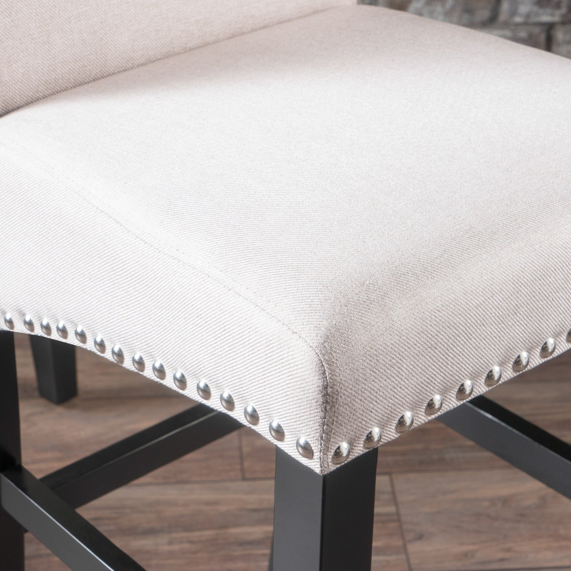 25' Contemporary Upholstered Counter Stools with Nailhead Trim (Set of 2), Wheat/Matte Black, Fabric