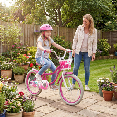 20 Inch Kids Bike Adjustable with Basket and Streamers Rose Red - Princess of the Sea Theme