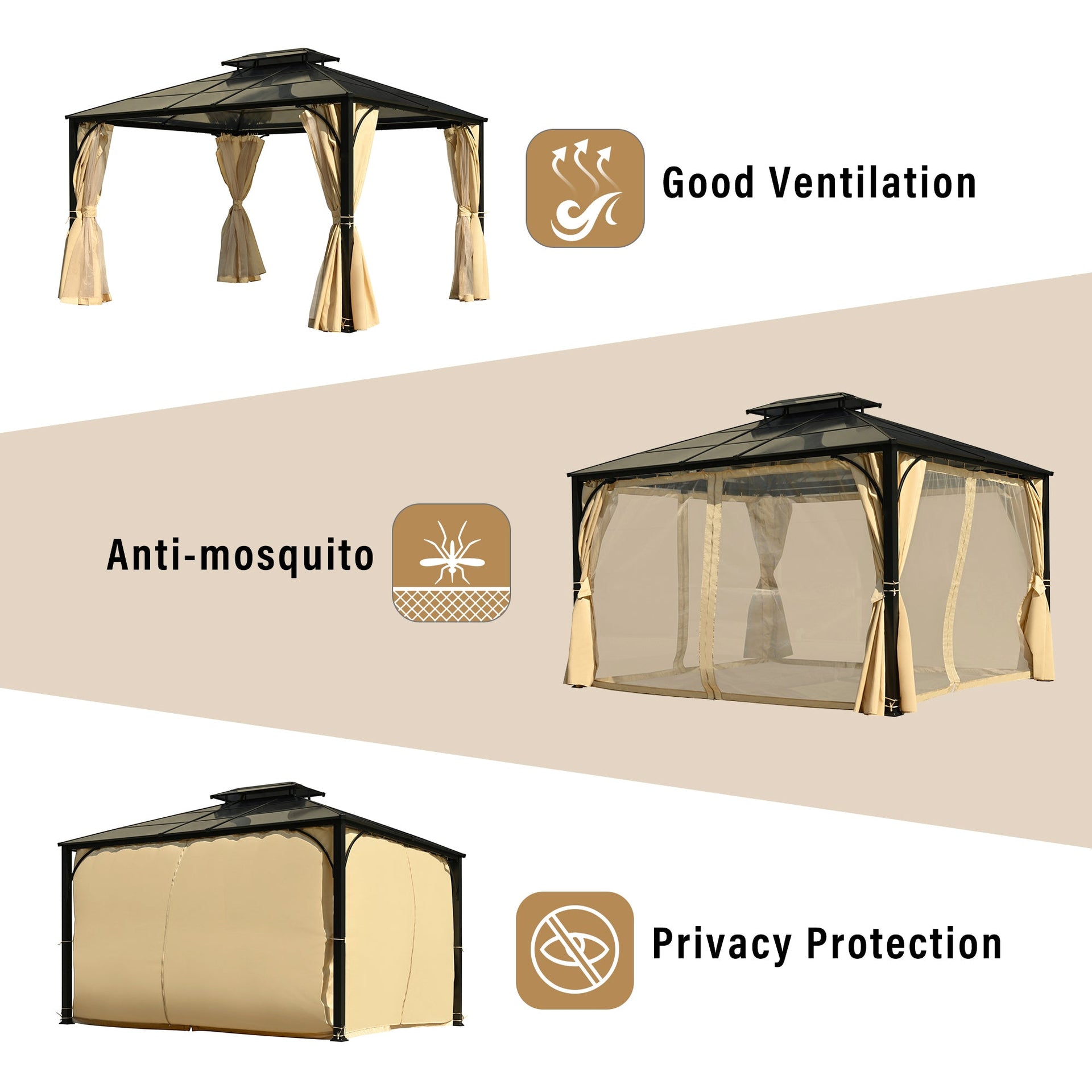 TREXM 10'x12' Hardtop Outdoor Gazebo, Heavy Duty Double Roof Patio Gazebo with Aluminum Frame, Double-Layer Side Walls Mosquito Netting & Privacy Curtains for Patio, Garden, Backyard (Beige)