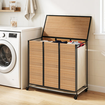 21.4 Gal Laundry Hamper with Lid 3-Section with 2 Lockable Wheels-Natural
