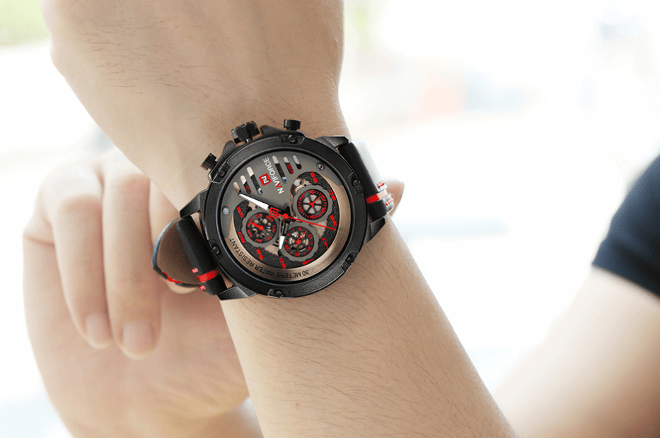 Men's Sports Waterproof Watch With Chronometers And Leather Belt Multifunction Wristwatch Unique Design Perfect Gift