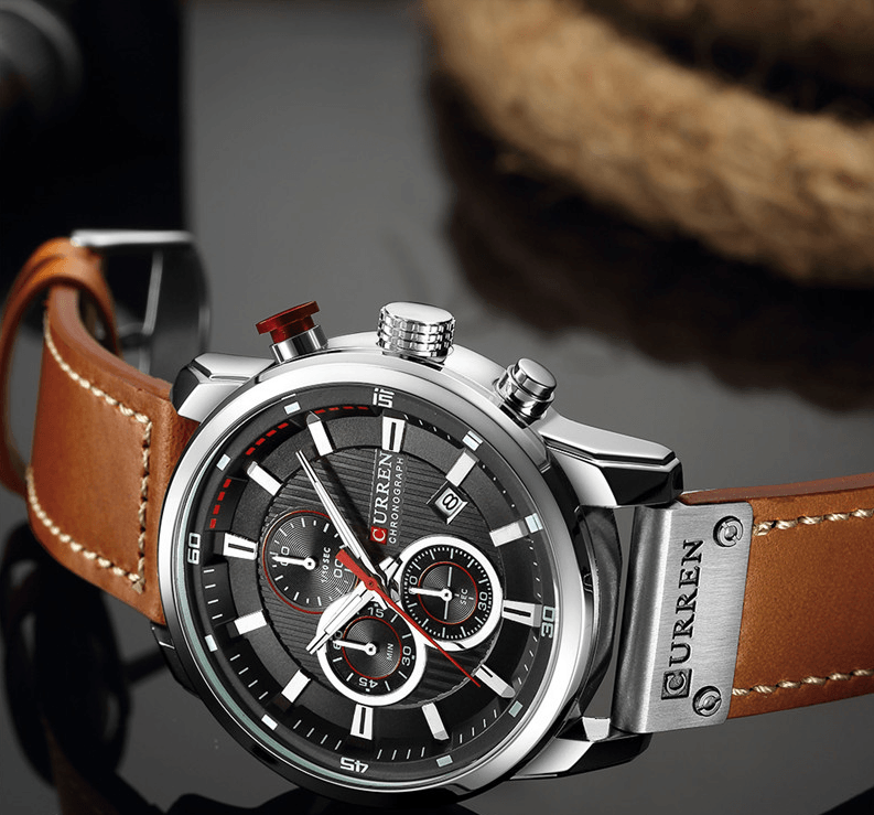 Men's Waterproof Elegant Sport Watch With Chronometers Day View, Leather Belts And Hardlex Scratch Resistant Glass Perfect Gift For Him