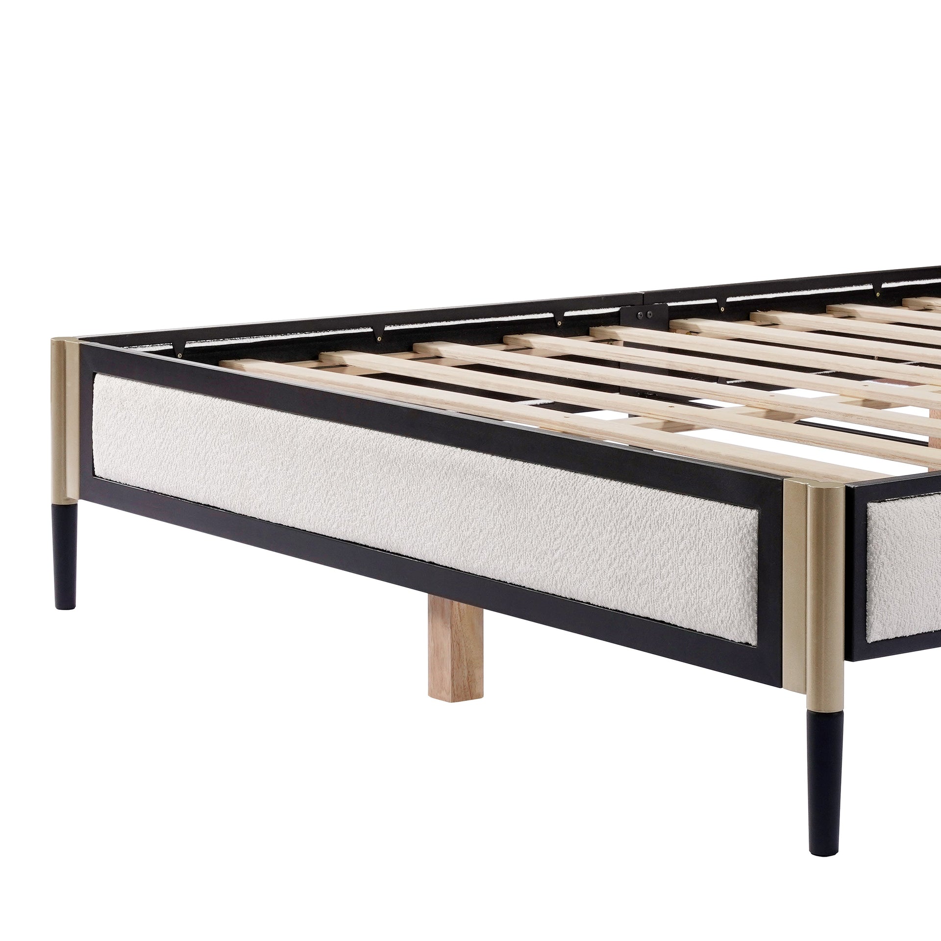 Queen Bed with White Boucle fabric Headboard,Champagne Silver+Black Frame