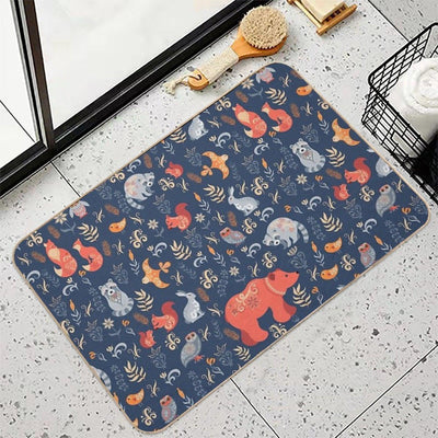 Fairy-tale Forest. Fox, Bear, Raccoon, Owls, Rabbits, Flowers And Herbs on A Blue Background. Stain-Proof Bath Mat