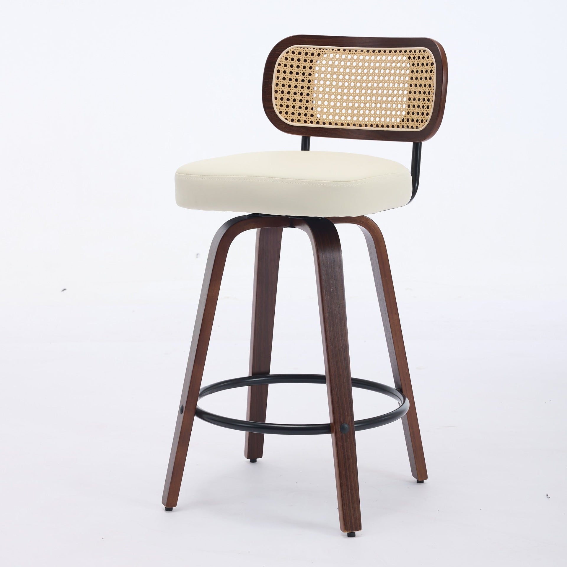 Set of 3 Counter Height Bar Stools - 26 inch Rattan Counter Height Stools with Cane Back, Upholstered Seat, Walnut Craftsmanship, Swivel Counter Stools for Island/Kitchen/Counter/Bar (Walnut /Beige)