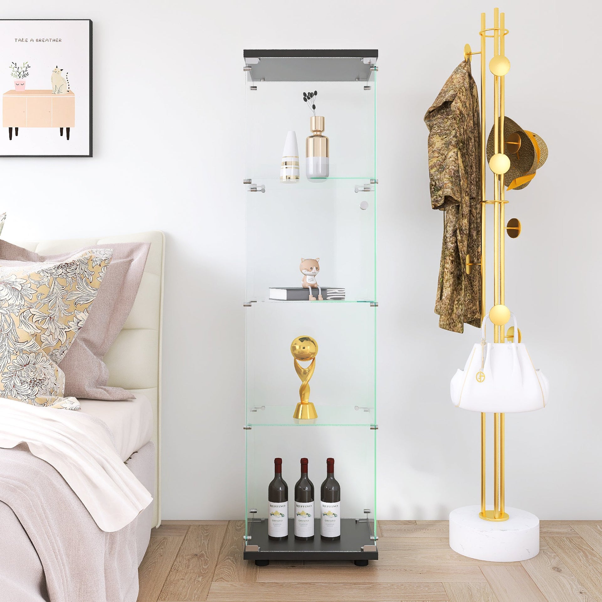 4 glass display cabinets with door shelves, floor standing antique bookshelf, 64.7