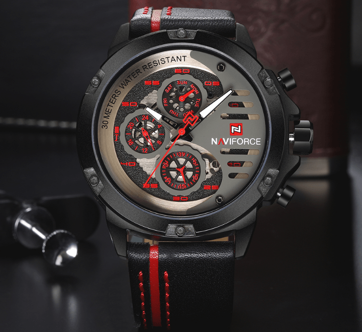 Men's Sports Waterproof Watch With Chronometers And Leather Belt Multifunction Wristwatch Unique Design Perfect Gift
