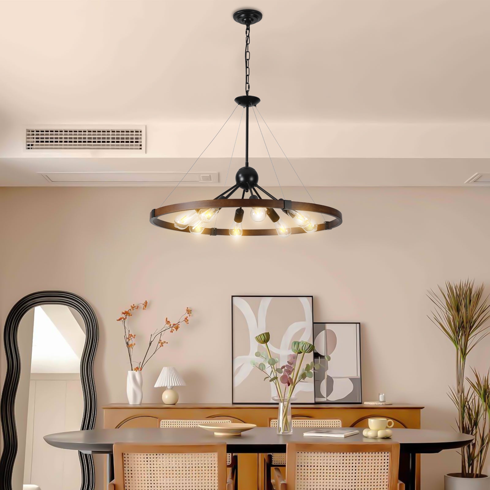 (Same as W1340111208/L1012) 8-Light Retro Farmhouse Chandelier For Kitchen, Living room, Dining room Red and Walnut(No Bulbs)